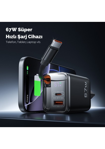 67W Gan Hızlı Şarj Adaptörü, Şarj Cihazı, 1x Type-C Girişi, 1x USB Girişi, Dijital Gösterge, Güçlü Performans, Şarj Başlığı, Aşırı Gerilim, Kısa Devre, Isınma ve Akım Koruması modelleri