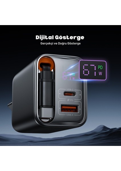 67W Gan Hızlı Şarj Adaptörü, Şarj Cihazı, 1x Type-C Girişi, 1x USB Girişi, Dijital Gösterge, Güçlü Performans, Şarj Başlığı, Aşırı Gerilim, Kısa Devre, Isınma ve Akım Koruması fırsatları