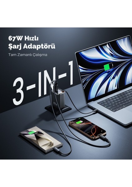 67W Gan Hızlı Şarj Adaptörü, Şarj Cihazı, 1x Type-C Girişi, 1x USB Girişi, Dijital Gösterge, Güçlü Performans, Şarj Başlığı, Aşırı Gerilim, Kısa Devre, Isınma ve Akım Koruması
