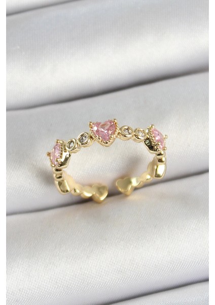 Pirinç Sıralı Kalp Figürlü Zirkon Taşlı Gold Renk Ayarlanabilir Kadın Yüzük