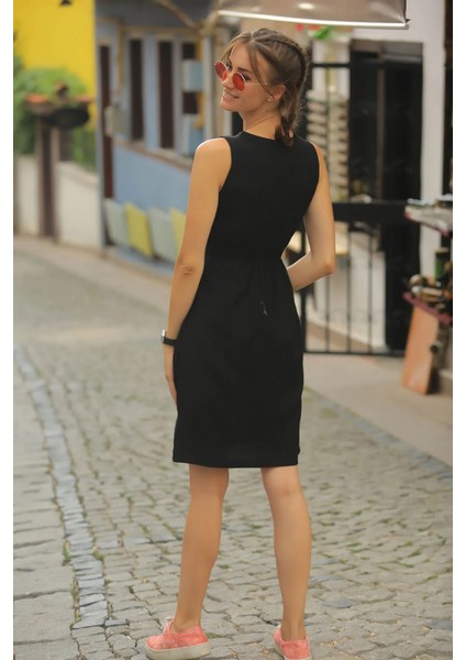 Kadın V Yakalı Önden Düğme Detay Beli Lastikli Keten Kısa Elbise modelleri