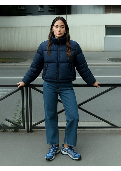 Kısa Şişme Önü Fermuarlı Lacivert Mont