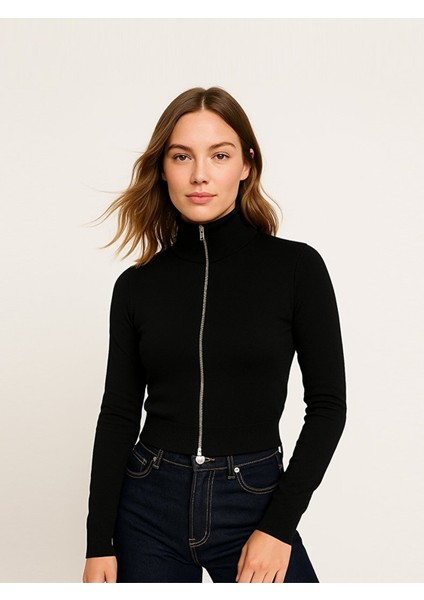 Uzun Kollu Önü Fermuarlı Basıc Siyah Hırka