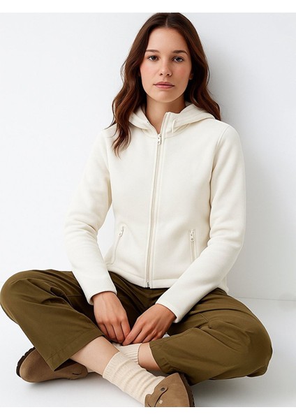 Fermuarlı Regular Kapüşonlu Polar Düz Fit Beyaz Sweatshırt