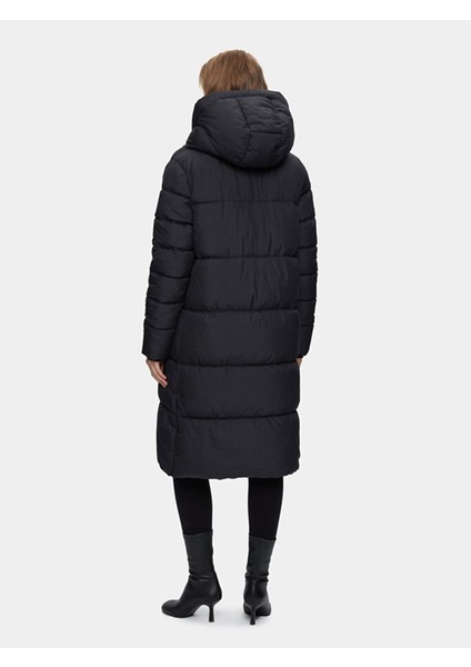 Uzun Kapüşonlu Şişme Siyah Mont