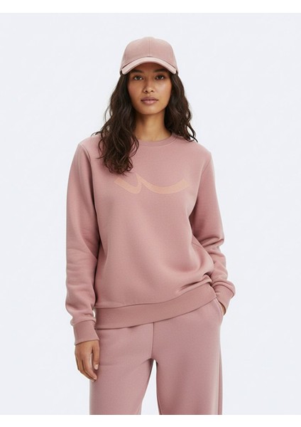 Sıgn Baskılı Bisiklet Yaka Uzun Kollu Pembe Sweatshırt