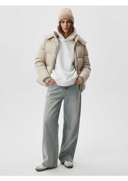 Kapüşonlu Fermuarlı Şişme Bej Mont