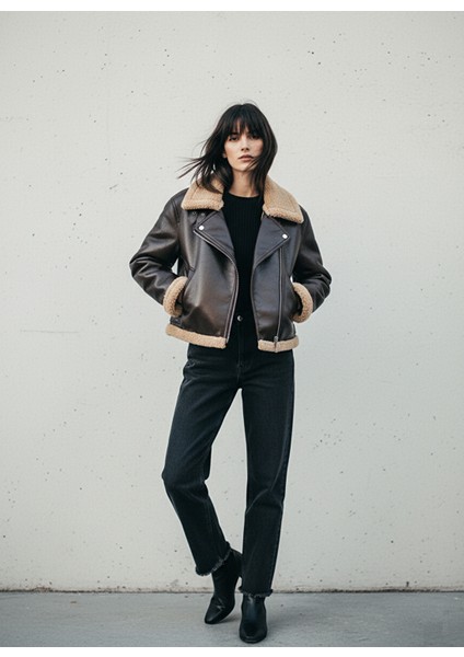 Uzun Kollu Fermuarlı Gömlek Yaka Kahve Rengi Mont