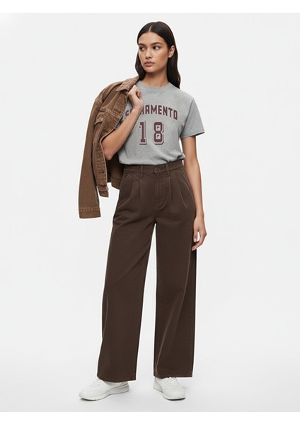 Kısa Kollu Bisiklet Yaka Slogan Baskılı Gri T-Shırt