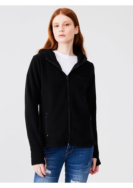 Fermuarlı Regular Kapüşonlu Polar Düz Fit Siyah Sweatshırt fiyatları