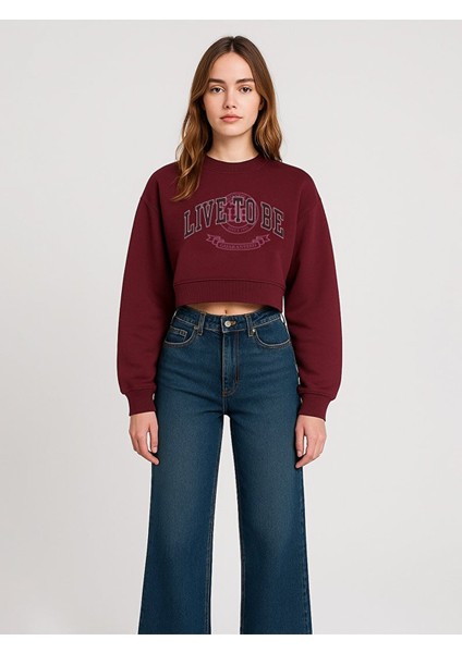 Bisiklet Yaka Önü Baskılı Crop Kırmızı Sweatshırt