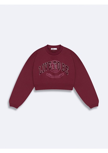 Bisiklet Yaka Önü Baskılı Crop Kırmızı Sweatshırt fiyatları