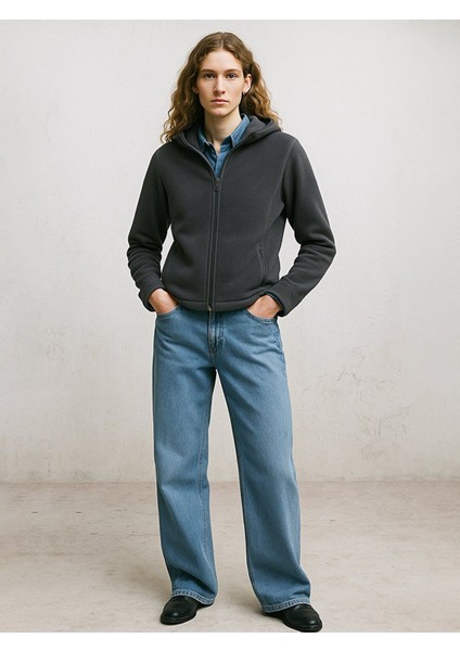Fermuarlı Regular Kapüşonlu Polar Düz Fit Gri Sweatshırt