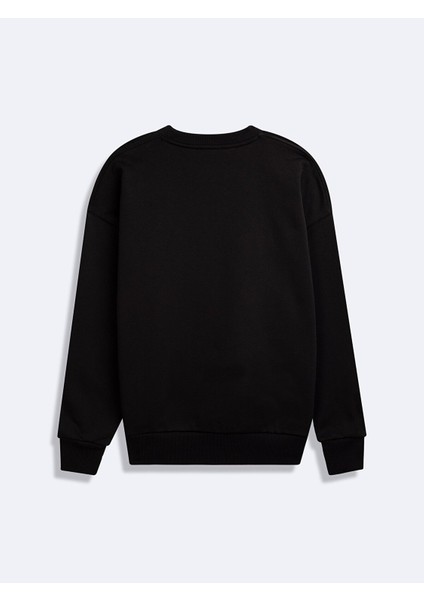 Uzun Kollu Sıfır Yaka Slogan Baskılı Siyah Sweatshırt fiyatları