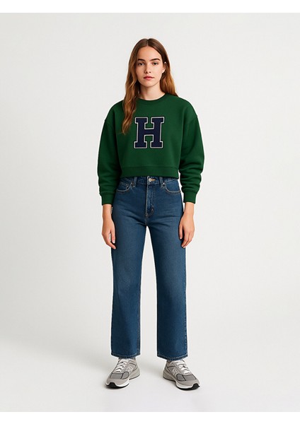 Bisiklet Yaka Baskılı Crop Yeşil Sweatshırt