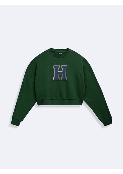 Bisiklet Yaka Baskılı Crop Yeşil Sweatshırt fiyatları