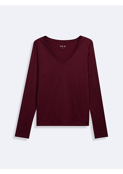 Uzun Kollu V Yaka Basıc Kırmızı Sweatshırt