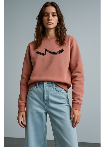 Sıgn Baskılı Sıfır Yaka Uzun Kollu Pembe Sweatshırt