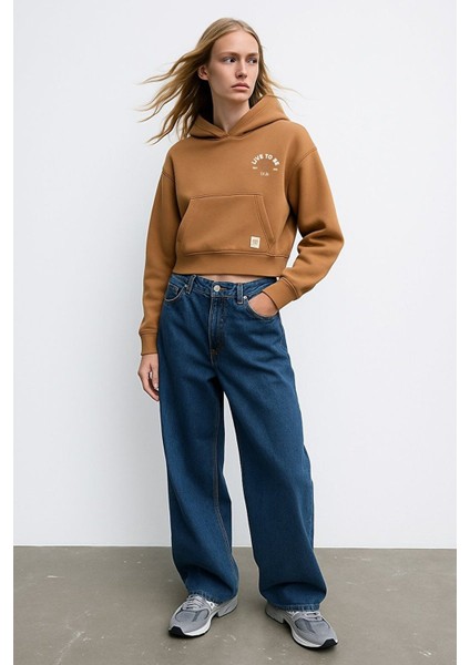 Uzun Kollu Kapüşonlu Baskılı Kahve Rengi Sweatshırt