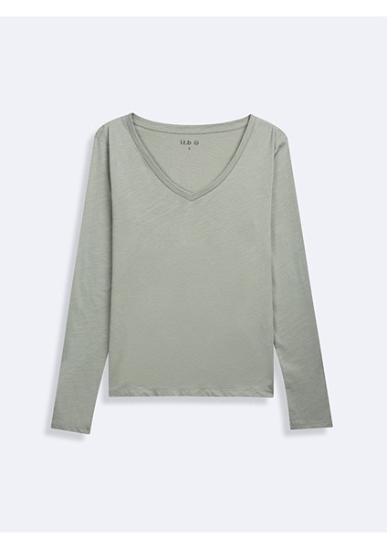 Uzun Kollu V Yaka Basıc Yeşil Sweatshırt