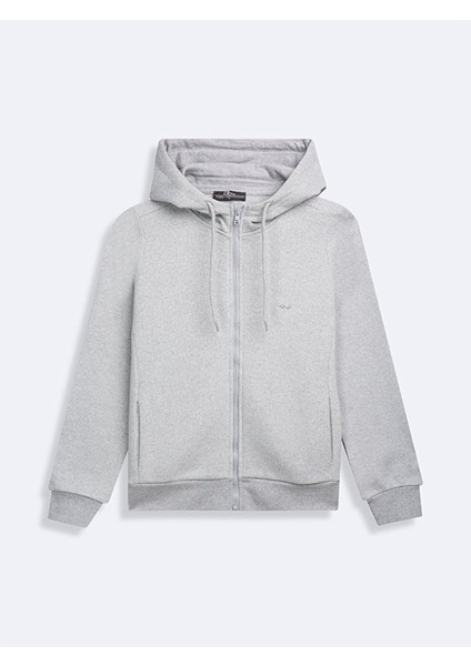 Uzun Kollu Kapüşonlu Fermuarlı Gri Sweatshırt
