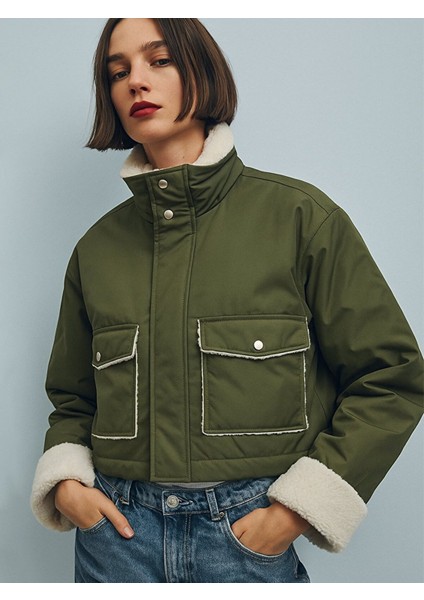 Kürk Detaylı Önü Cepli Yeşil Mont
