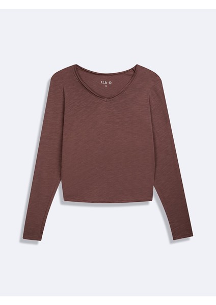 V Yaka Uzun Kollu Basıc Kahve Rengi Sweatshırt fiyatları