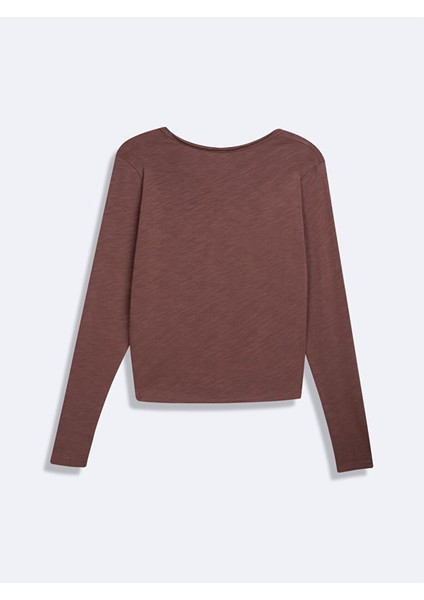 V Yaka Uzun Kollu Basıc Kahve Rengi Sweatshırt modelleri