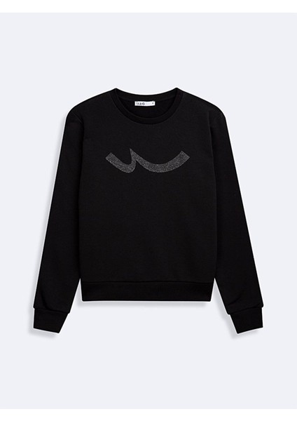 Sıgn Baskılı Bisiklet Yaka Uzun Kollu Siyah Sweatshırt