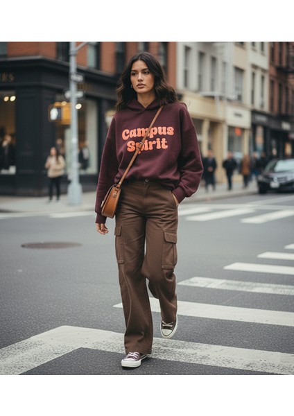 Uzun Kollu Slogan Baskılı Kapüşonlu Sweatshırt