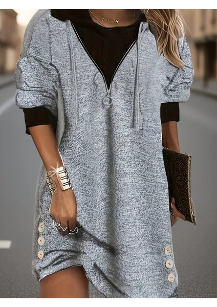 Kadın Uzun Kollu Kapşonlu Önden Fermuarlı Düğmeli Mini Iki Iplik Elbise