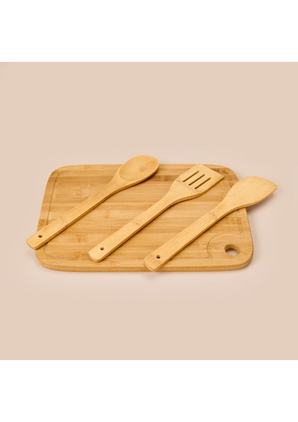 4 Parça Bambu Mutfak Seti - Açık Kahverengi - 36X26 cm + 30 cm