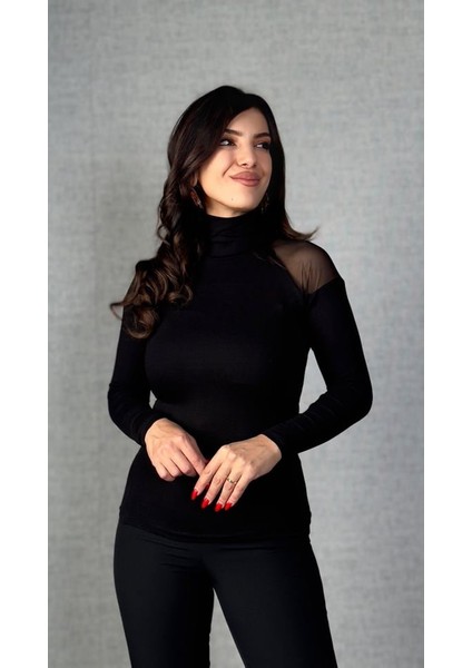 Kadın Omuzları Tül Balıkçı Yaka Viskon Kumaş Bluz