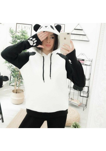 Kadın Panda Üç Iplik Kumaş Kapüşonlu Polar Sweat 65 cm modelleri