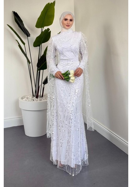 Eloria Pelerinli Boncuk Işlemeli Abiye Beyaz