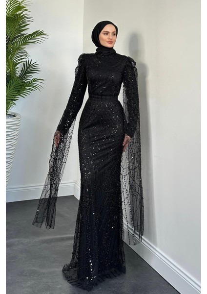 Eloria Pelerinli Boncuk Işlemeli Abiye Siyah