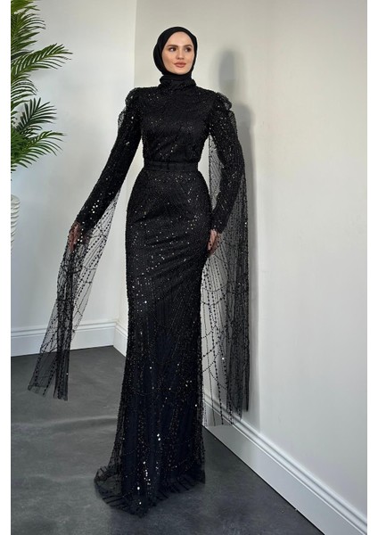 Eloria Pelerinli Boncuk Işlemeli Abiye Siyah fiyatları