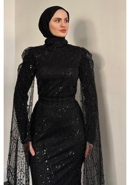 Eloria Pelerinli Boncuk Işlemeli Abiye Siyah modelleri