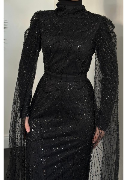 Eloria Pelerinli Boncuk Işlemeli Abiye Siyah fırsatları