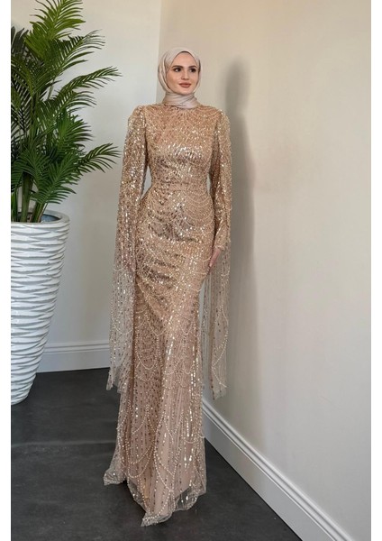 Eloria Pelerinli Boncuk Işlemeli Abiye Vizon