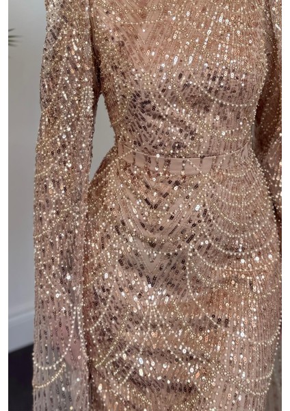 Eloria Pelerinli Boncuk Işlemeli Abiye Vizon fırsatları