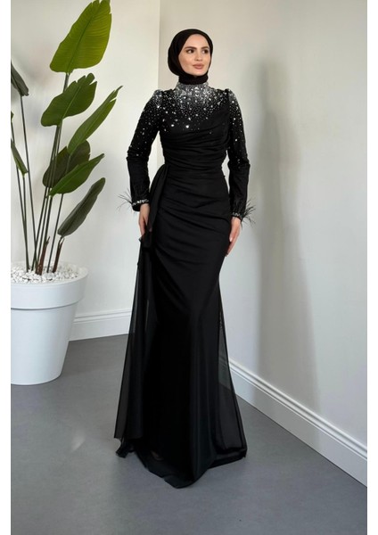 Belle Lune Taşlı Balık Abiye Siyah