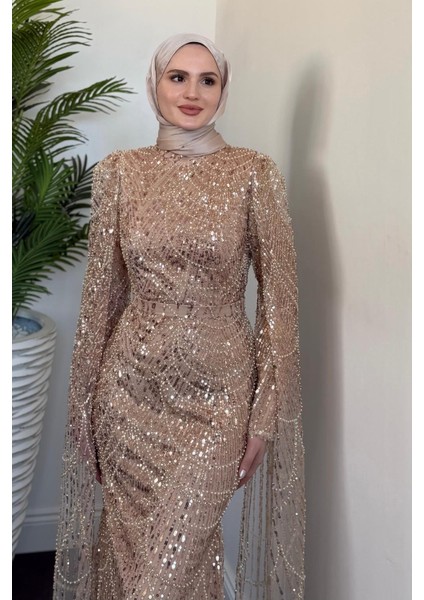 Eloria Pelerinli Boncuk Işlemeli Abiye Vizon fiyatları