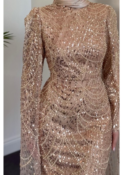 Eloria Pelerinli Boncuk Işlemeli Abiye Vizon modelleri