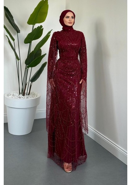 Eloria Pelerinli Boncuk Işlemeli Abiye Bordo