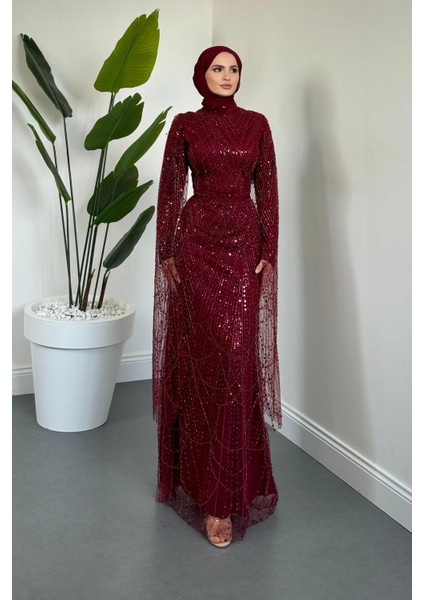Eloria Pelerinli Boncuk Işlemeli Abiye Bordo fiyatları