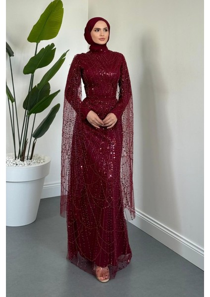 Eloria Pelerinli Boncuk Işlemeli Abiye Bordo modelleri
