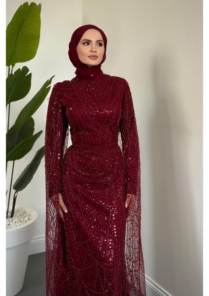 Eloria Pelerinli Boncuk Işlemeli Abiye Bordo fırsatları