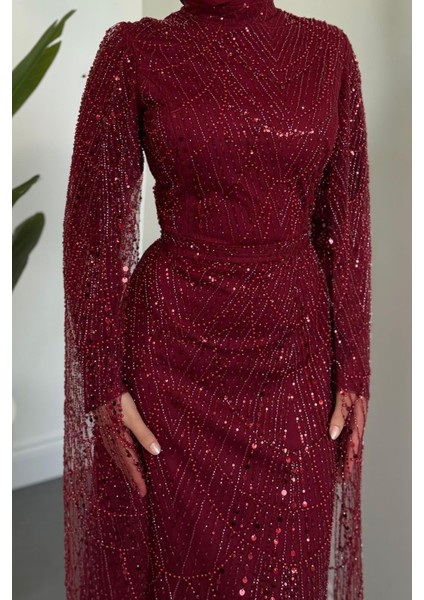 Eloria Pelerinli Boncuk Işlemeli Abiye Bordo indirimleri