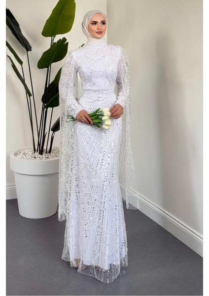 Eloria Pelerinli Boncuk Işlemeli Abiye Beyaz fiyatları
